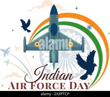 Illustration vectorielle du jour de la Force aérienne indienne le 8 octobre, avec un drapeau ondulant, les forces armées et un avion de chasse dans un fond plat de fête nationale Illustration de Vecteur
