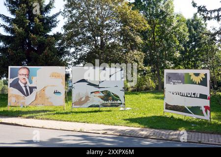 Blick auf beschmierte und abgerissene Wahlplakate, CDU, Li., FDP, Mitte, Bunednisgruene, Re., fuer die Thueringer Landtagswahl AM 24.08.2024 à Bad Lobenstein. Die Buergerinnen und Buerger Thueringes waehlen AM 1. Septembre 2024 ein Neues Landesparlament. Digital bearbeitetes Foto - der im Hintergrund stehende LKW wurde unkenntlich gemacht vue des affiches électorales bavées et déchirées pour l'élection de l'État de Thuringe le 24 août 2024 à Bad Lobenstein. Les citoyens de Thuringe éliront un nouveau parlement le 1er septembre 2024. Photo éditée numériquement - le camion en arrière-plan a été Banque D'Images