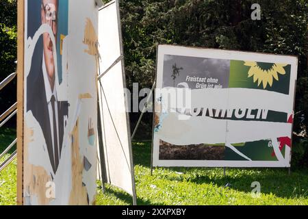 Blick auf beschmierte und abgerissene Wahlplakate, CDU, Li., Buendnisgruene, Re., fuer die Thueringer Landtagswahl AM 24.08.2024 à Bad Lobenstein. Die Buergerinnen und Buerger Thueringes waehlen AM 1. Septembre 2024 ein Neues Landesparlament. Digital bearbeitetes Foto - der im Hintergrund stehende LKW wurde unkenntlich gemacht vue des affiches électorales bavées et déchirées pour l'élection de l'État de Thuringe le 24 août 2024 à Bad Lobenstein. Les citoyens de Thuringe éliront un nouveau parlement le 1er septembre 2024. Photo éditée numériquement - le camion en arrière-plan a été dérecog Banque D'Images