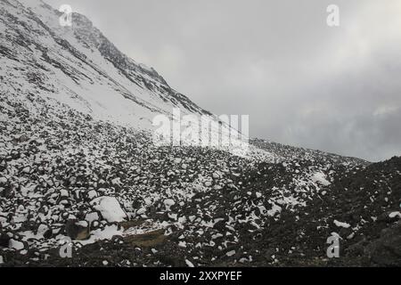 Jour de printemps brumeux. Rochers couverts de neige sur le chemin vers le bas de Tserko Ri, montagne dans le parc national de Langtang, Népal, Asie Banque D'Images