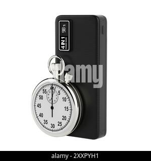 Appareils mobiles chargeur Power Bank avec chronomètre sur fond blanc. Rendu 3D. Banque D'Images