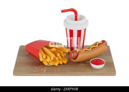 Set d'icônes de restauration rapide : pommes de terre frites, Hotdog, sauce tomate et boisson gazeuse avec planche en bois comme assiette sur fond blanc. Rendu 3D. Banque D'Images