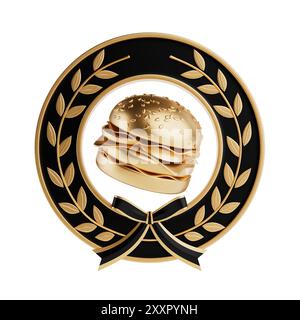 Winner Award Gold Laurel Wreath Frame avec Golden Cartoon Premium Delicious Burger icône sur fond blanc. Rendu 3D. Banque D'Images