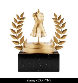 Winner Award Cube Gold Laurel Wreath podium, scène ou piédestal avec Golden Classic Womens Robe Mockup et mannequin sur un fond blanc. 3d Renderi Banque D'Images