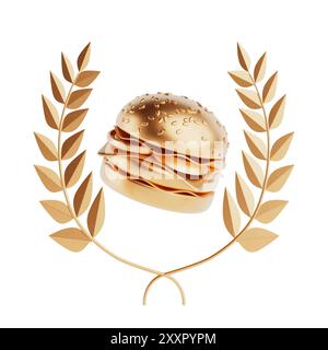 Winner Award Gold Laurel Wreath Frame avec Golden Cartoon Premium Delicious Burger icône sur fond blanc. Rendu 3D. Banque D'Images