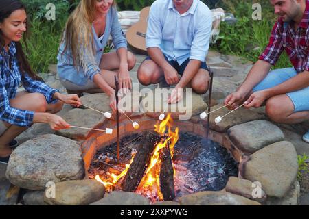 Compagnie des jeunes gens tenant des bâtons avec des guimauves au-dessus du feu de camp en soirée. Maison de vacances et d'amitié concept Banque D'Images