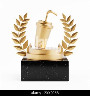 Winner Award Cube Gold Laurel Wreath podium, scène ou piédestal avec Golden Soda boisson gazeuse Striped Cup icône de dessin animé avec paille sur fond blanc. Banque D'Images