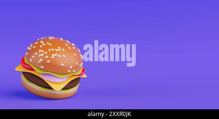 Cartoon Premium Delicious Burger icône sur un fond bleu. Rendu 3D. Banque D'Images