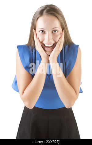 Jeune femme à la surprise, isolé en blanc Banque D'Images