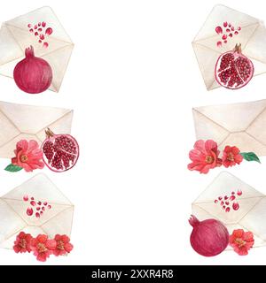 Enveloppe avec fleurs de grenade, graines et fruits cadre vertical aquarelle isolé sur blanc. Dessiné à la main de haute qualité Illustration pour Banque D'Images