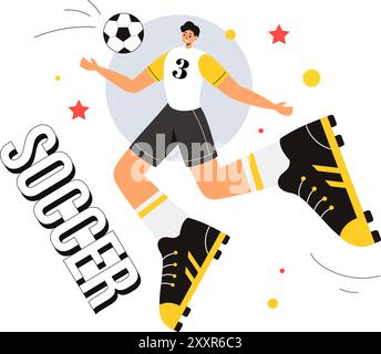 Illustration vectorielle de football mettant en vedette un homme frappant un ballon de football sur un terrain vert pour une ligue de football et un match de sport dans un fond de dessin animé plat Illustration de Vecteur