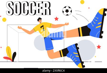 Illustration vectorielle de football mettant en vedette un homme frappant un ballon de football sur un terrain vert pour une ligue de football et un match de sport dans un fond de dessin animé plat Illustration de Vecteur