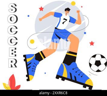 Illustration vectorielle de football mettant en vedette un homme frappant un ballon de football sur un terrain vert pour une ligue de football et un match de sport dans un fond de dessin animé plat Illustration de Vecteur