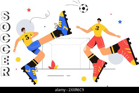 Illustration vectorielle de football mettant en vedette un homme frappant un ballon de football sur un terrain vert pour une ligue de football et un match de sport dans un fond de dessin animé plat Illustration de Vecteur