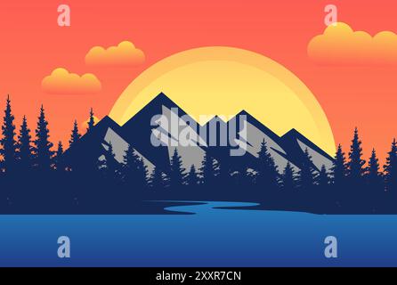 Lever de soleil coucher de soleil paysage avec Pine Cedar Spruce Conifer Fir Evergreen Hemlock Larch Cypress Trees Forest et Lake River Creek, Morning Panor Illustration de Vecteur