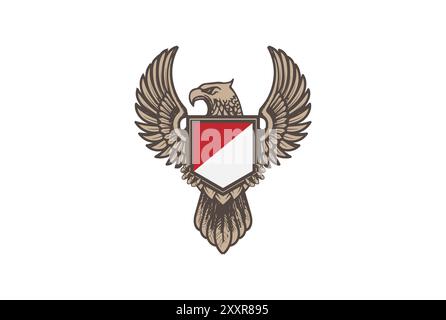 Rétro Vintage Eagle Hawk Falcon Garuda Bird avec Shield logo Design Vector Illustration de Vecteur
