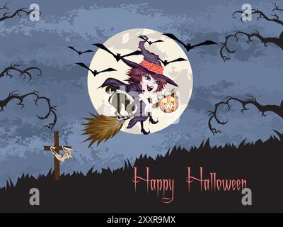 Une sorcière vole sur un balai avec des chauves-souris volant derrière elle. Le fond a une croix et une lune Illustration de Vecteur