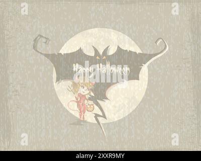 Une fille dans un costume rouge tenant une citrouille se tient debout devant une lune. Le fond comporte une chauve-souris et les mots « Happy Halloween » sont écrits en rouge Illustration de Vecteur