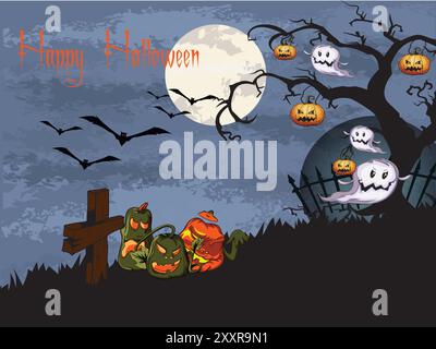 Une affiche sur le thème d'Halloween avec des chauves-souris volant en arrière-plan et une croix au premier plan. L'affiche est intitulée « Happy Halloween » et présente un arbre Illustration de Vecteur