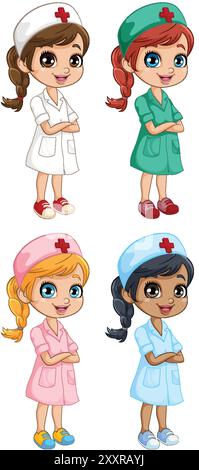 Quatre infirmières en uniformes colorés souriantes Illustration de Vecteur