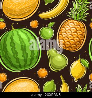 Vector fruit Seamless Pattern, fond carré avec des fruits de bande dessinée volants pour l'emballage du papier ou du linge de lit, couverture sans couture avec l'exot plat de variété Illustration de Vecteur