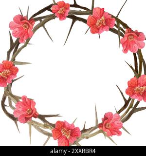 Couronne d'épines avec des fleurs rouges illustration aquarelle isolée sur blanc. Art de haute qualité pour cartes, affiches, autocollants, Pâques, Pâques, Pâques, Saint Banque D'Images