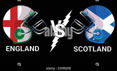 Casque de cricket England vs Scotland 3D avec drapeaux sur fond noir Illustration de Vecteur