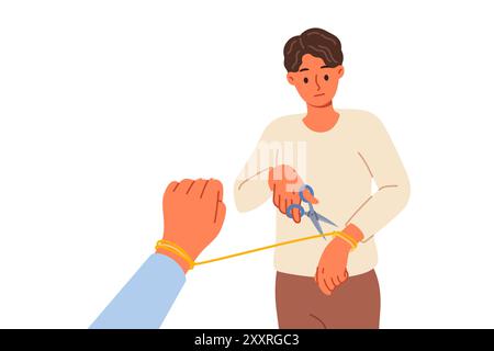 L'homme rompt avec la femme et coupe la corde à la main, en raison du manque d'amour après la trahison Illustration de Vecteur