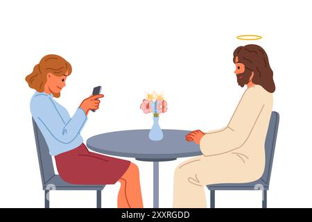 Jésus-christ est assis à table près de la femme avec le téléphone portable, comme métaphore de la présence de Dieu à proximité Illustration de Vecteur