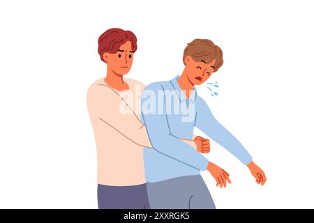 L'homme effectue une manœuvre heimlich pour étouffer l'ami, fournissant les premiers soins pour sauver l'homme Illustration de Vecteur