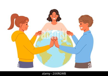 Jour de la planète Terre célébré par des gens se tenant la main, attirant l'attention sur l'importance de prendre soin de l'éco Illustration de Vecteur