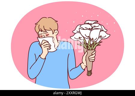 Homme allergique tenant le bouquet de fleurs et utilisant le mouchoir souffrant de pollen dans le besoin de la médecine d'allergie. Chaque jour, un gars allergique aux nénuphars qui veulent faire un cadeau romantique souffre d'écoulement nasal Illustration de Vecteur