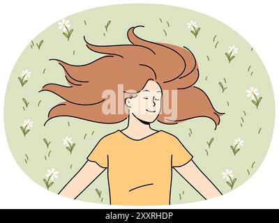 Happy woman with long hair lies on grass in park with eyes closed and smiles rejoicing in sunlight. Positive young woman in casual t-shirt enjoying good summer weather lying on lawn with flowers Stock Vector