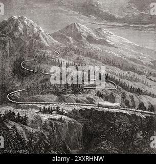 Le chemin de fer du col du Mont Cenis, en opération 1868 - 1871 lors de la construction du tunnel ferroviaire du Fréjus à travers les Alpes entre Saint-Michel-de-Maurienne, sud-est de la France et Susa, Piémont, nord-ouest de l'Italie. Extrait de Cassell's Illustrated History of England, publié vers 1880. Banque D'Images