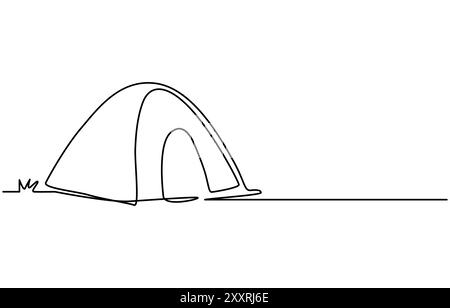 Dessin de ligne continu de tente de camping avec espace éditable de course et de copie, illustration vectorielle d'art de ligne de tente de Bonfire et de camping, dessin de tente touristique Illustration de Vecteur