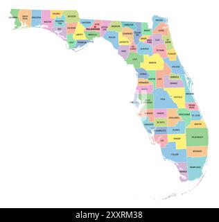 Floride, état américain, carte politique multicolore avec frontières, noms de comté et sa capitale Tallahassee. État dans la région du Sud-est des États-Unis. Banque D'Images