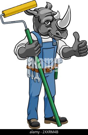 Rhino Painter Decorator Paint Roller Mascot Homme Illustration de Vecteur