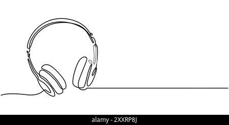 Dessin continu d'une ligne du haut-parleur du casque pour la bannière Web du podcast. Gadget musical et écouteurs dans un style linéaire simple. Contour modifiable. Illustration de Vecteur