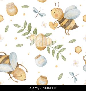 Les abeilles à motif sans couture volent avec des pots de miel, des ruches avec des brindilles. Illustrations aquarelle dans le style de dessin animé. Rapport pour impression sur textiles, tissus Banque D'Images