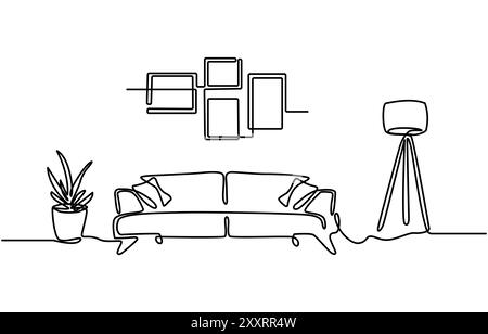 Intérieur en ligne continue avec canapé, plante, lampe et cadres pour la photo. Dessin d'une ligne de salon avec mobilier moderne éditable coup. Simple Illustration de Vecteur