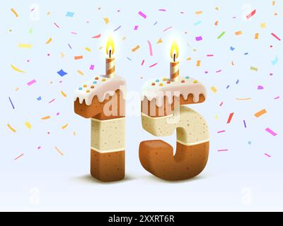 Joyeux anniversaire, anniversaire d'anniversaire de personne, bougie avec gâteau sous la forme de numéros 15. Vecteur Illustration de Vecteur