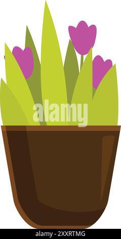 Illustration de tulipes roses poussant dans un pot brun, isolées sur fond blanc Illustration de Vecteur