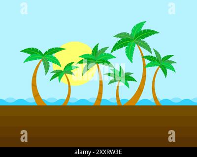 Paysage de palmiers sur la mer et le soleil à l'horizon. Vue sur les palmiers depuis la côte, palmiers à l'aube. Design pour poster, bann Illustration de Vecteur