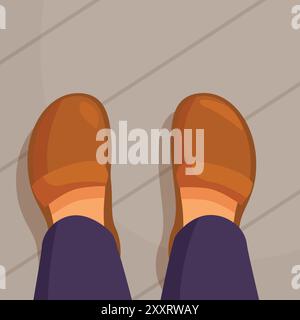 La personne portant des chaussures brunes se tient debout sur un plancher en bois Illustration de Vecteur