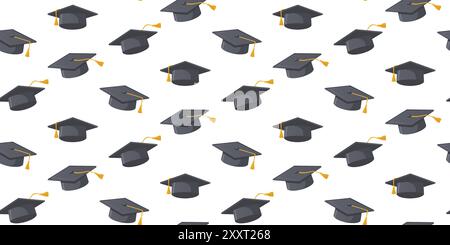 Fond des chapeaux de graduation. Un motif vectoriel sans couture avec des casquettes de graduation grises noires avec des pompons dorés, symbolisant la réussite académique et gra Illustration de Vecteur