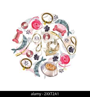 Composition ronde, logo. Accessoires pour animaux de compagnie, laisses, colliers, jouets pour animaux de compagnie, nourriture pour animaux de compagnie, alimentation. Tous les objets sont dessinés à la main avec des aquarelles. Aquarelle Banque D'Images