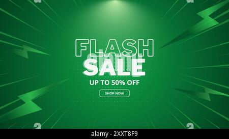 Flash sale Shopping Poster ou bannière avec icône Flash et texte 3D sur fond vert. Conception de modèle de bannière de vente Flash pour les médias sociaux et le site Web. Illustration de Vecteur