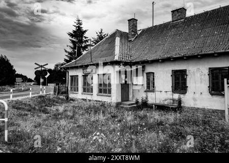 Gare de Szadkowice, ancienne gare polonaise située dans le centre de la Pologne. Moody. Abandonné, rural. Image en noir et blanc. Concept. Banque D'Images