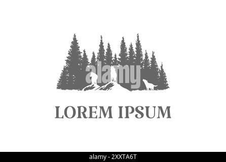 Hurlant loups avec Pine Cedar Spruce Evergreen Fir Conifer Larch Cypress Hemlock Trees Forest for Outdoor Wilderness Adventure logo Design Vector Illustration de Vecteur