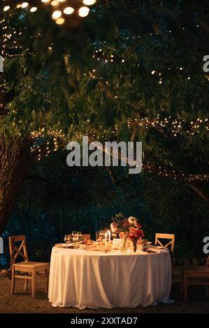 décor sur une table de mariage le soir dans la rue Banque D'Images